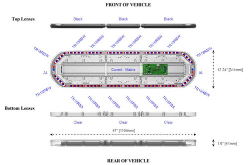 Code 3 Covert Series Matrix Enabled Lightbar, Low Profile, 48 Inch or 52 Inch, Tri Color - Red/Blue/White Front - Red/Blue/Amber Rear